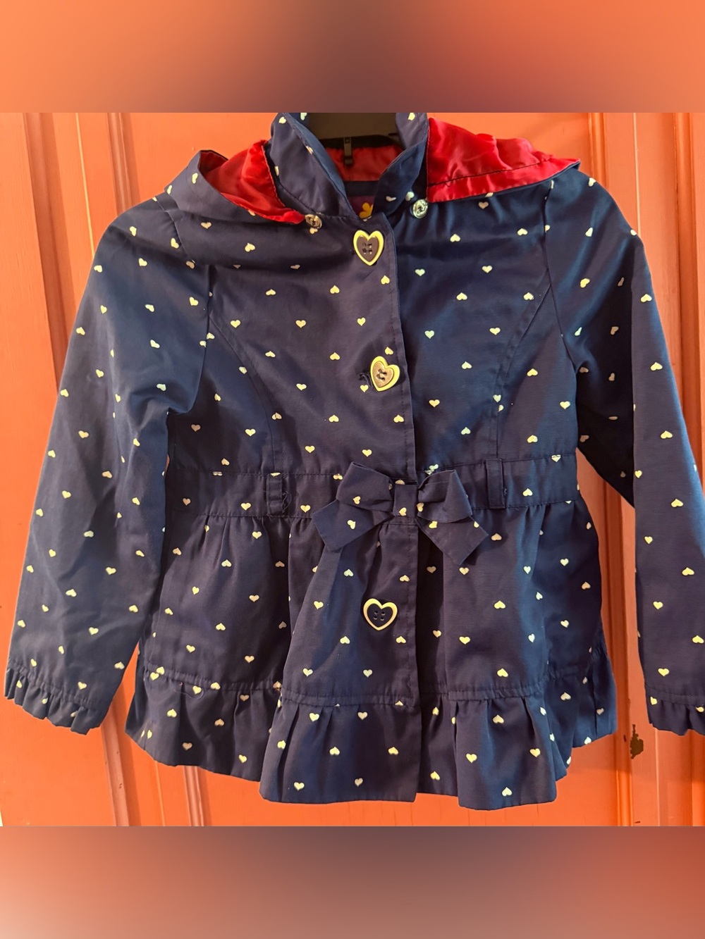 Pink Platinum Navy Heart-Print Hooded Raincoat with Red Lining